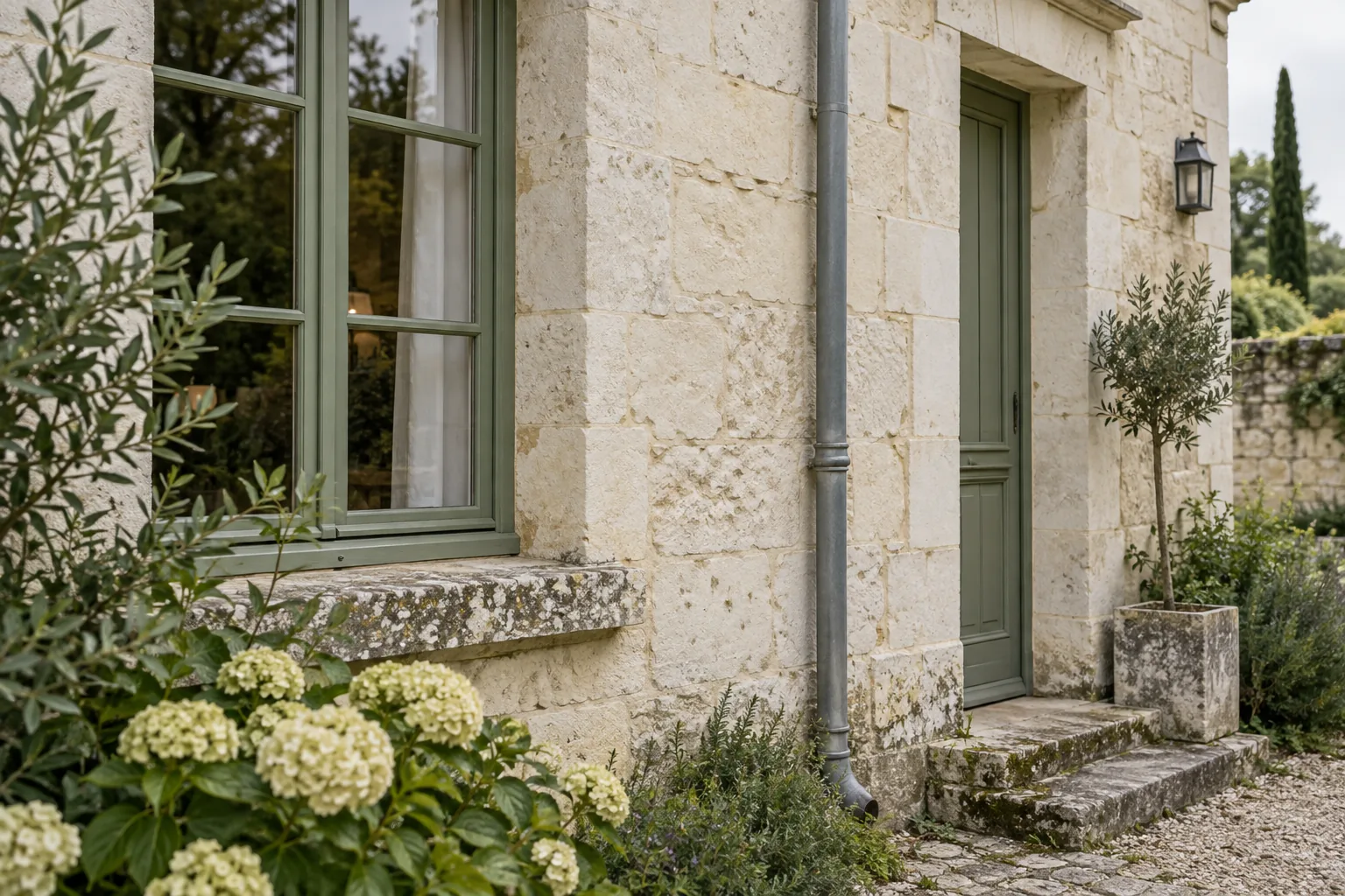 Détail illustratif d’une façade en pierre et de ses menuiseries lors d’une visite de maison