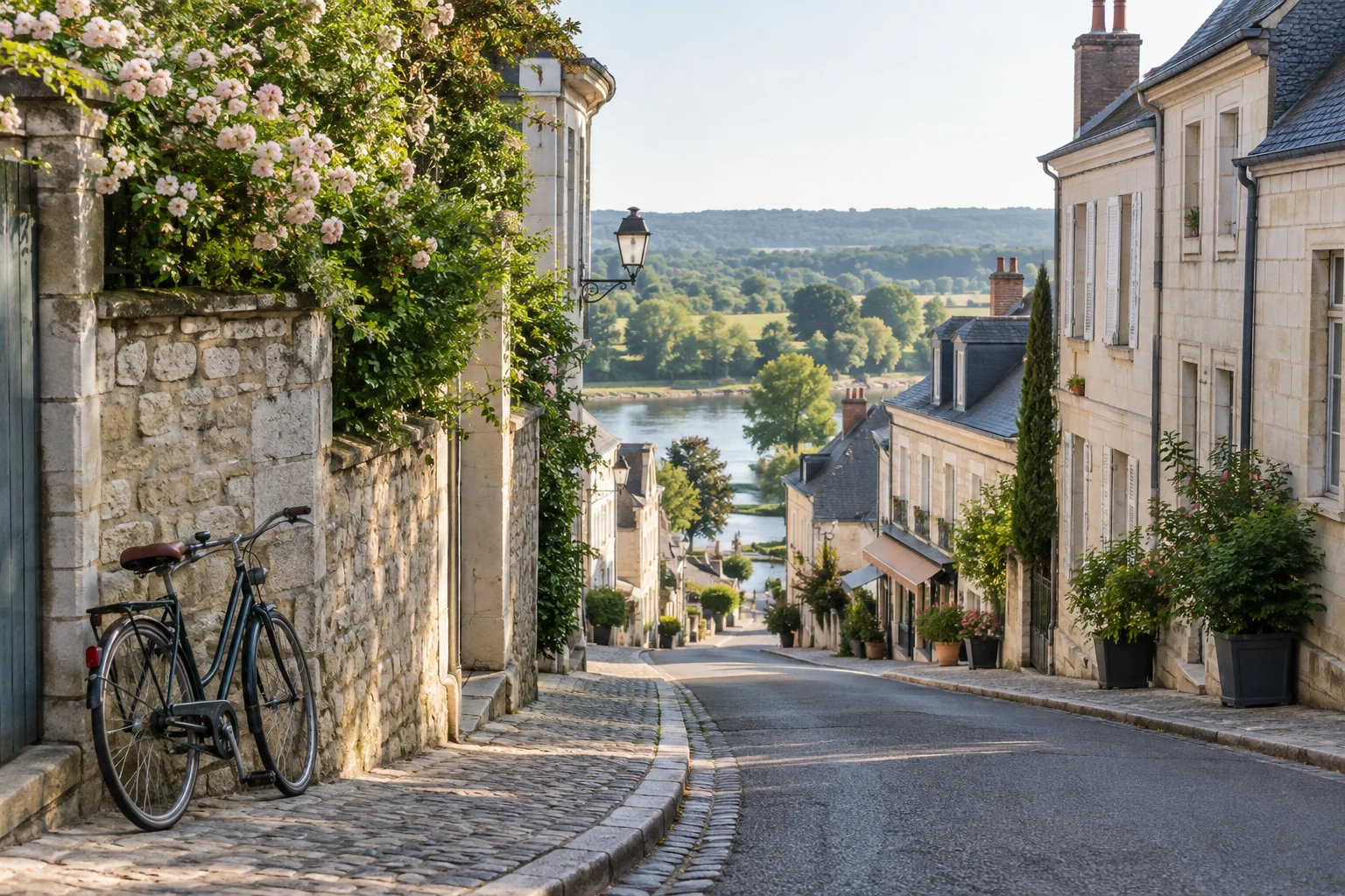 Rue de bourg ligérien illustratif avec maisons en pierre claire, vélo et paysage arboré