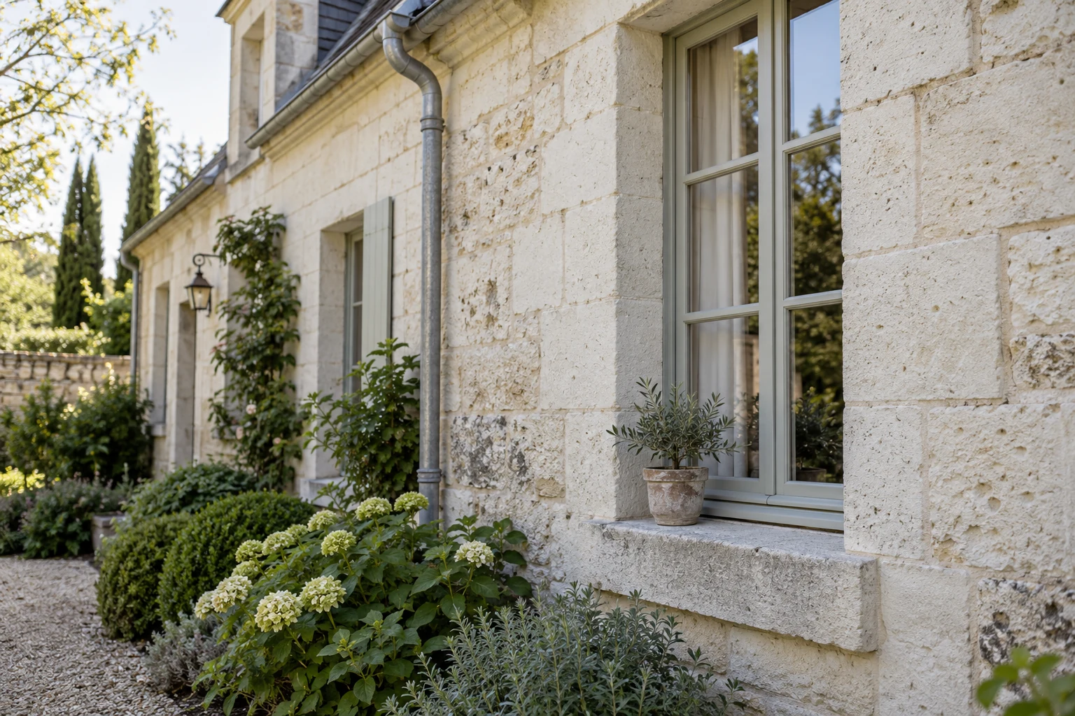 Façade illustrative en tuffeau avec fenêtre, joints anciens et descente d'eau pluviale