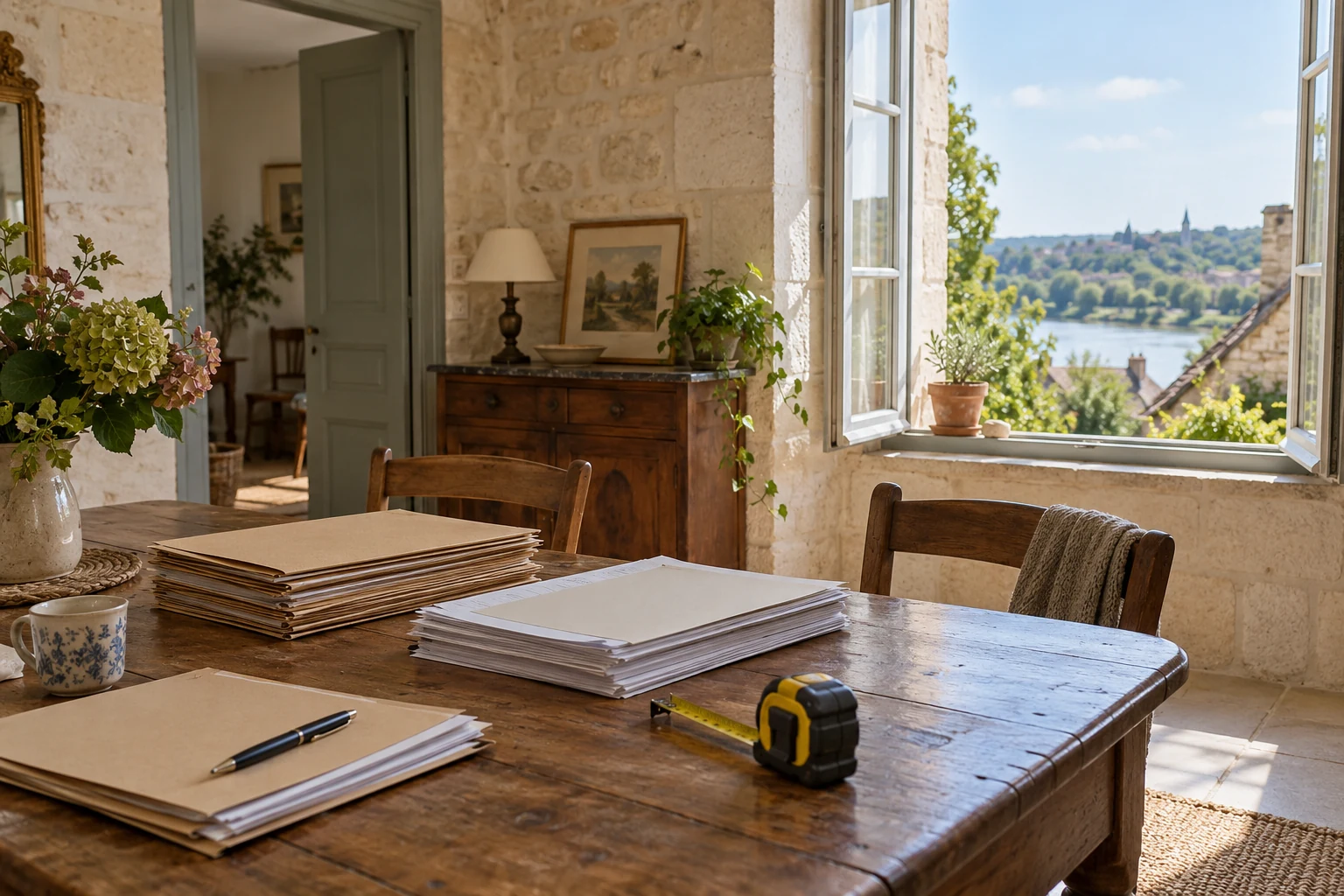 Dossiers de vente et mètre ruban sur la table d'une maison ancienne illustrative