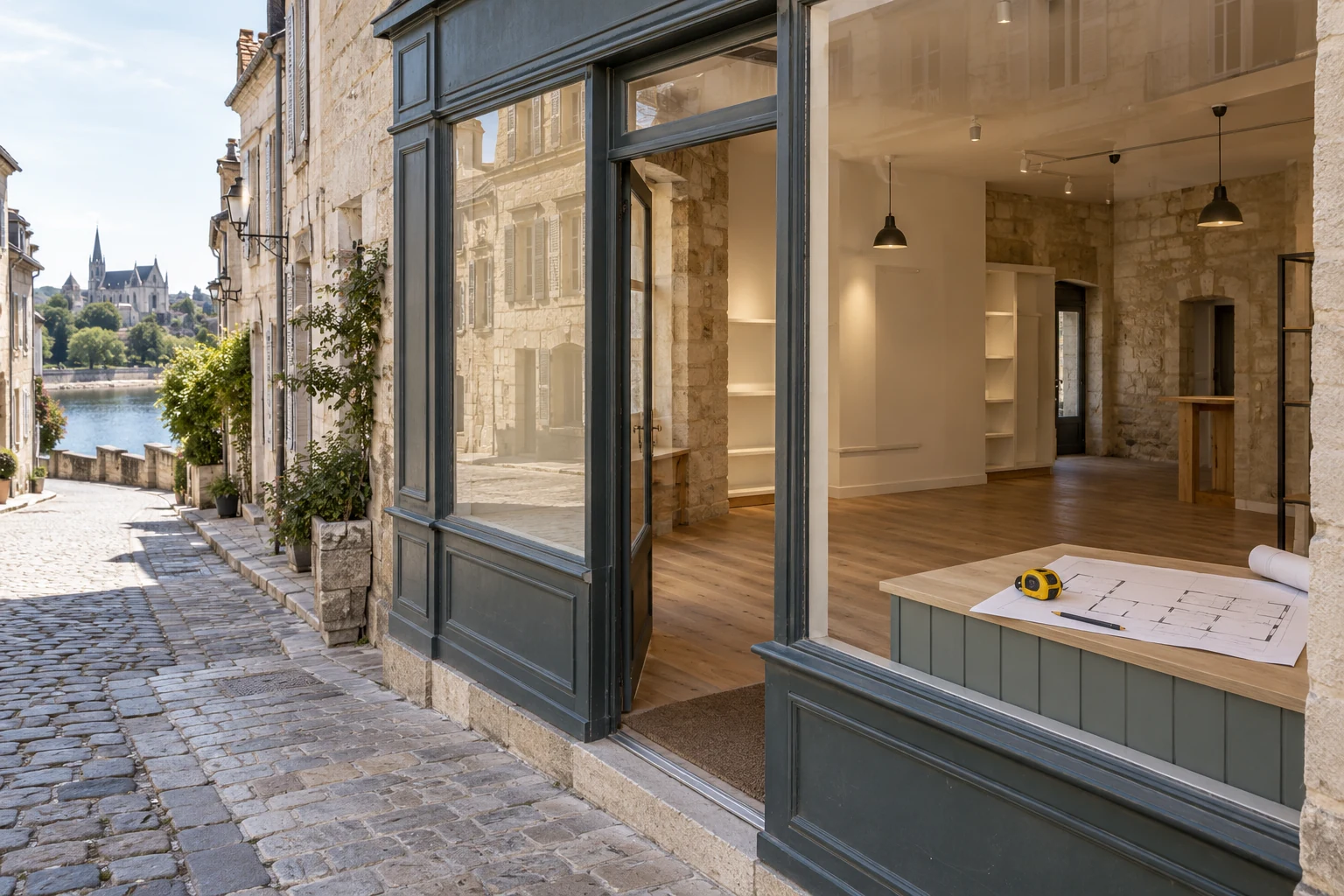 Local commercial vide dans une rue de pierre claire, illustration éditoriale