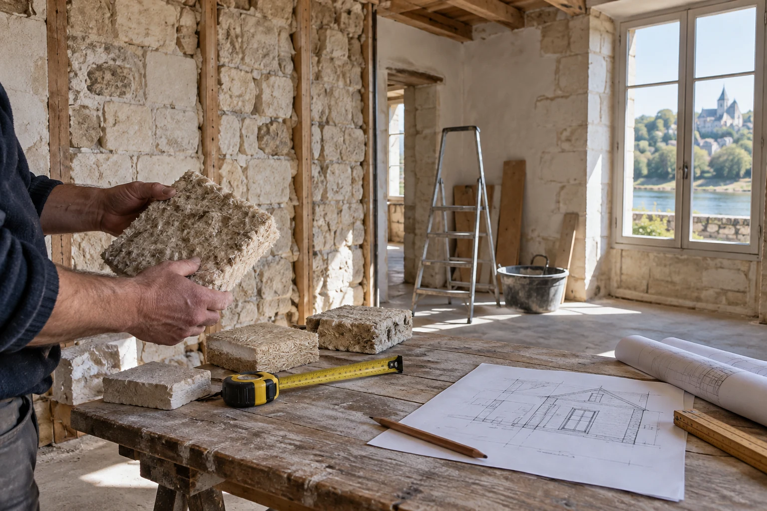 Échantillon isolant et mur en pierre ancienne pendant une préparation de travaux, illustration éditoriale