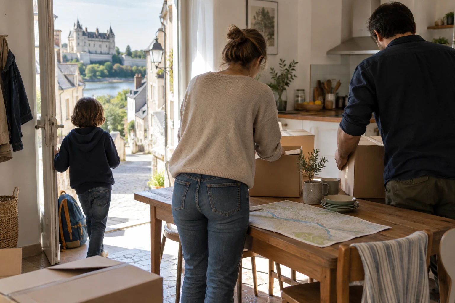 Cartons de déménagement et cartable dans une maison lumineuse, illustration éditoriale