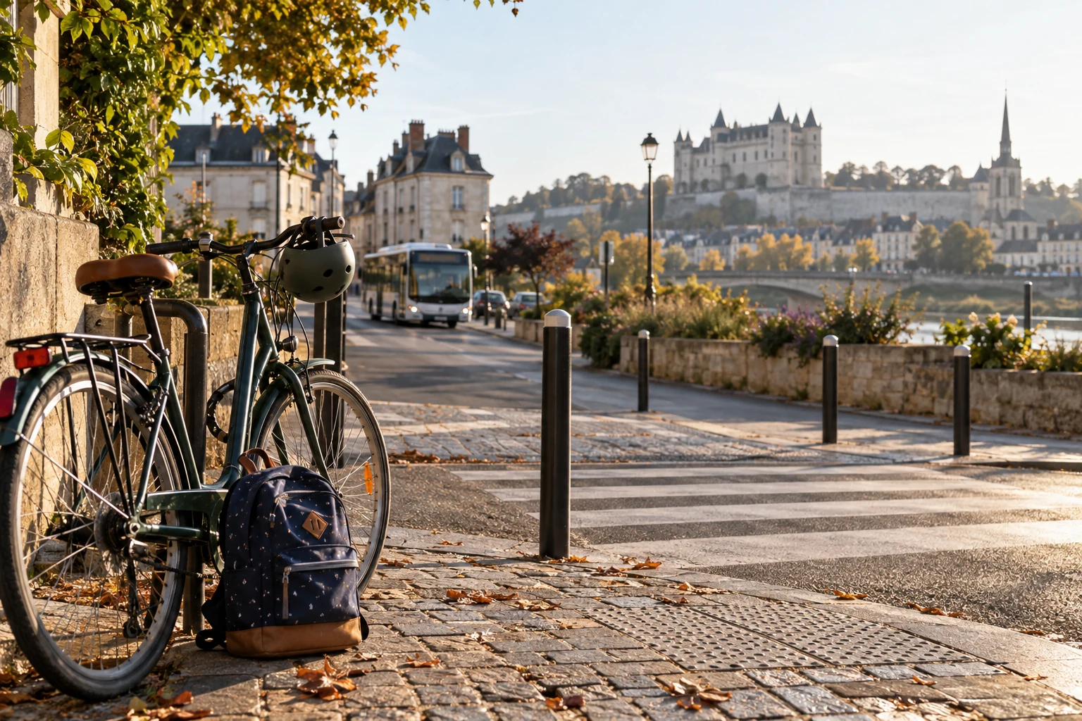 Vélo et cartable près d’un passage piéton dans une rue de Saumur, illustration éditoriale