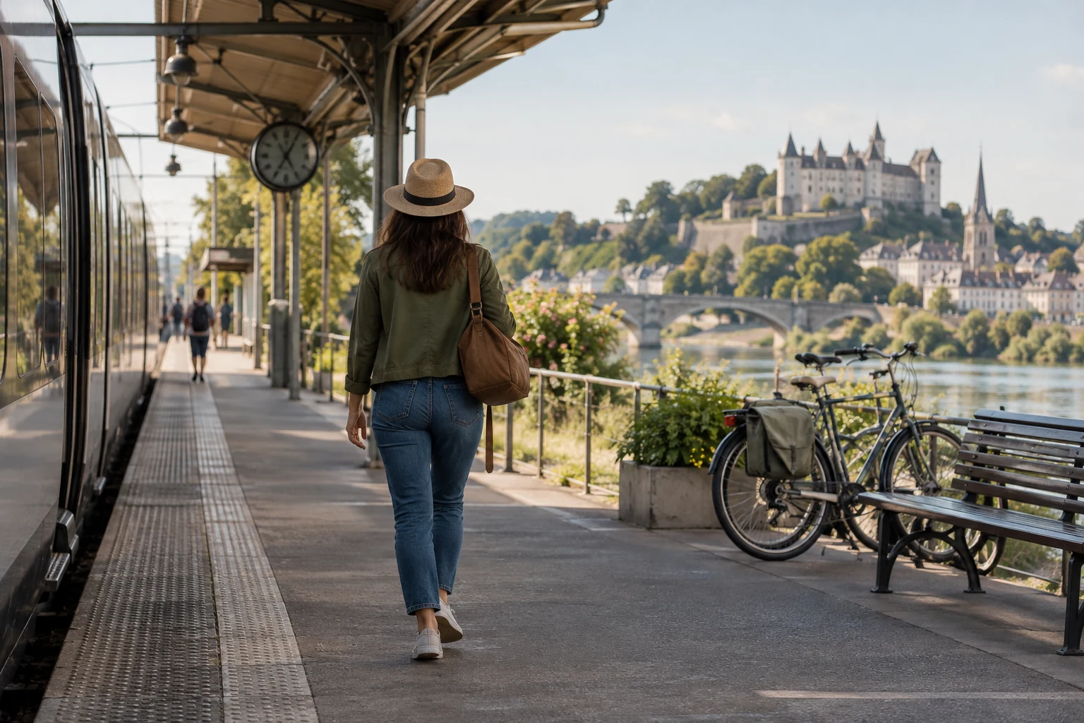 Voyageur arrivant en train avec un petit bagage, illustration éditoriale