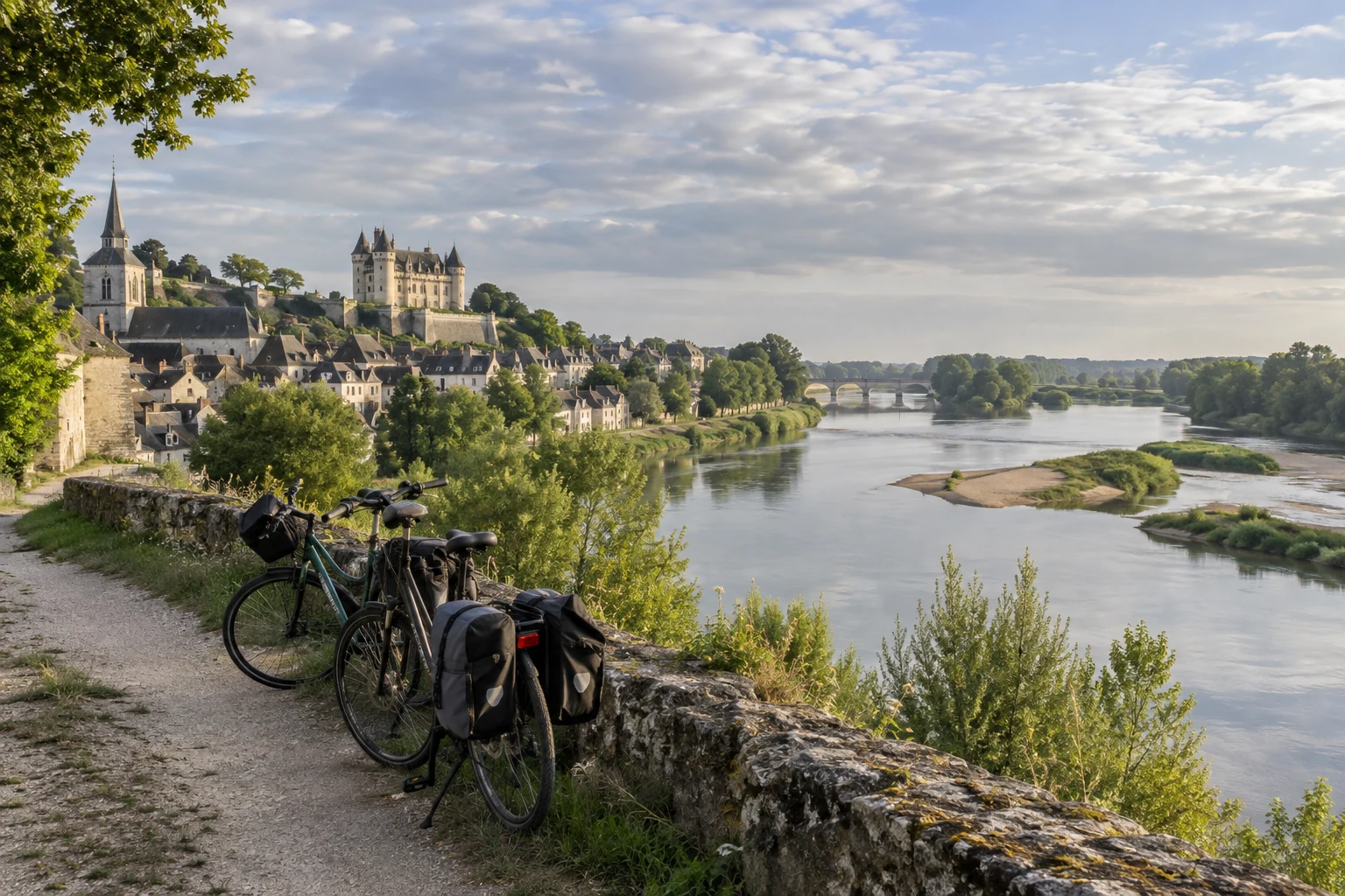 Deux vélos arrêtés près d’un chemin ligérien, illustration éditoriale