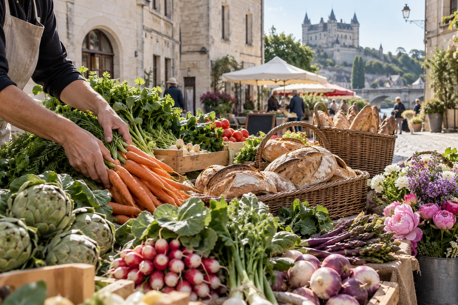 Étal de produits de saison dans un marché de Saumur, illustration éditoriale