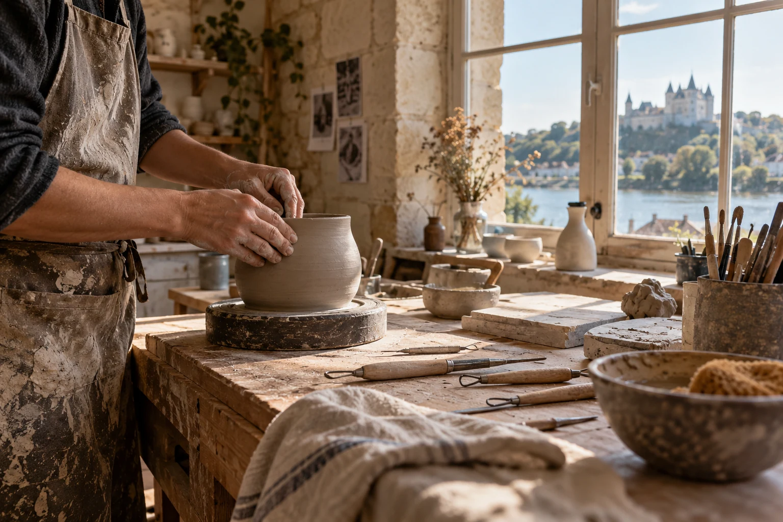 Mains d’un artisan façonnant une pièce de céramique dans un atelier, illustration éditoriale