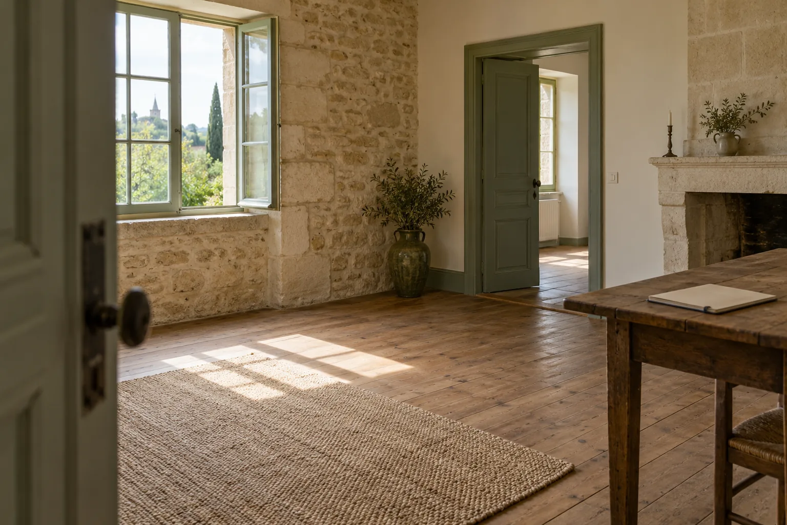 Intérieur illustratif d’une maison ancienne en pierre, avec une table et un carnet près de la fenêtre