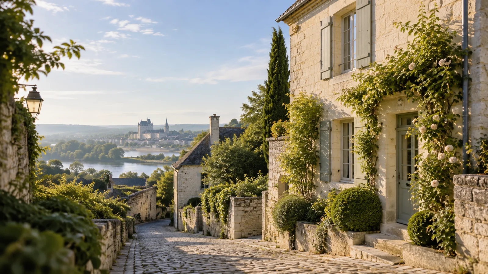 Illustration éditoriale d’une maison ancienne en pierre au bord d’une rue arborée, inspirée des paysages de l’Anjou