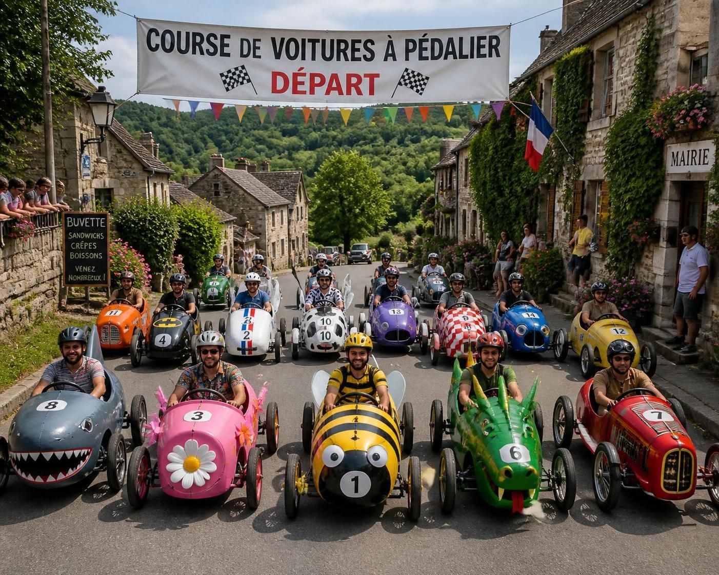 dimanche 30 août à bagneux : découvrez le départ de la course avec une quinzaine de voitures à pédalier prêtes à s'élancer pour une compétition conviviale et originale.